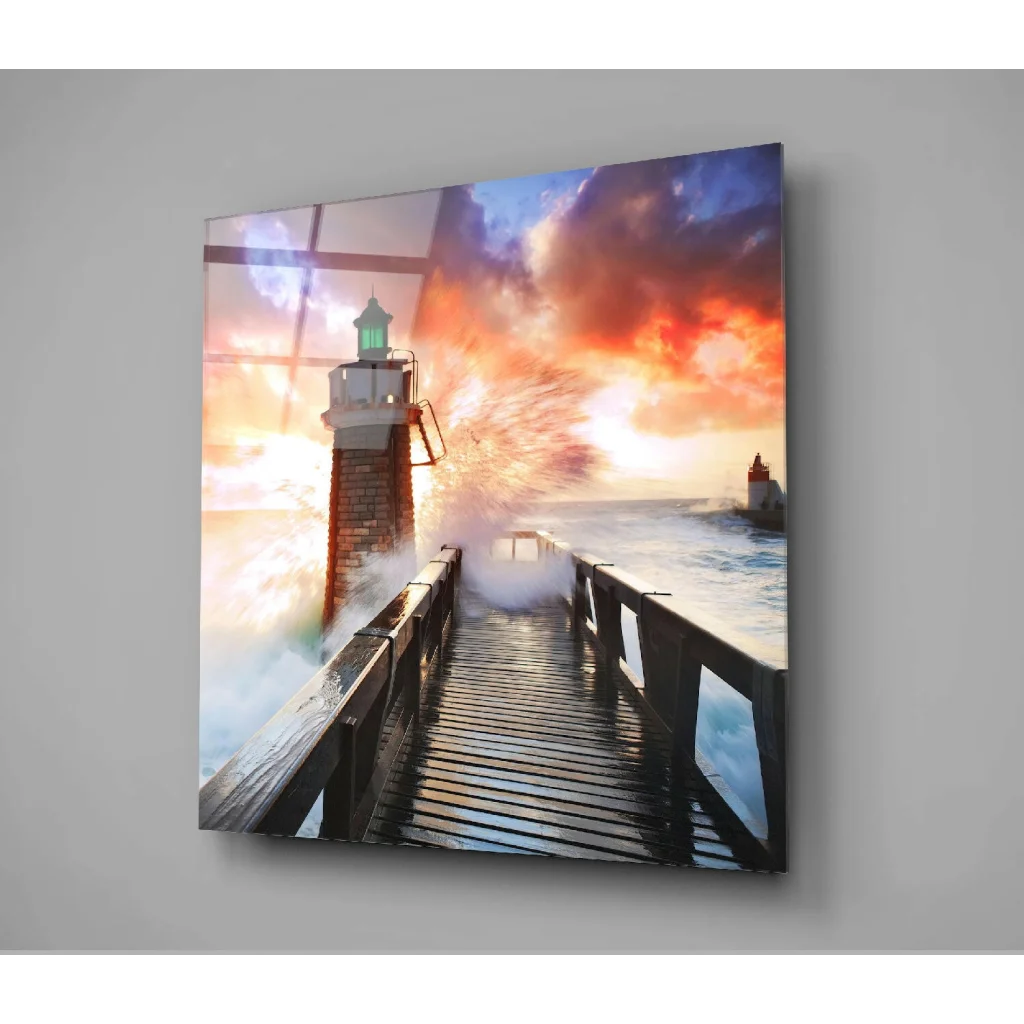 Stunning Lighthouse Glass Wall Art with Fiery Sunset Waves | Modern Wall Art Decor | vintageantiquesgifts.com