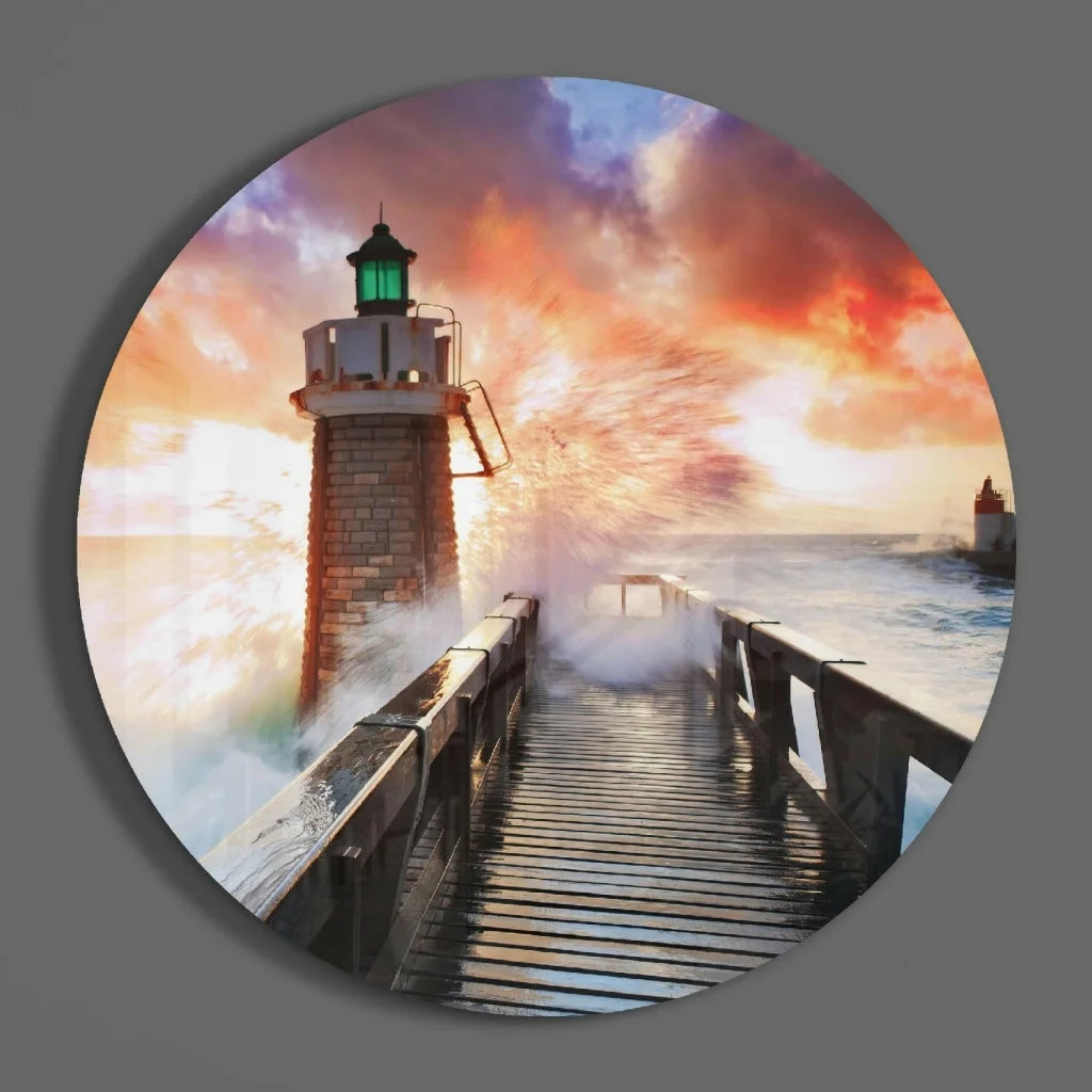 Lighthouse tempered glass art with dramatic sunset sky and crashing waves