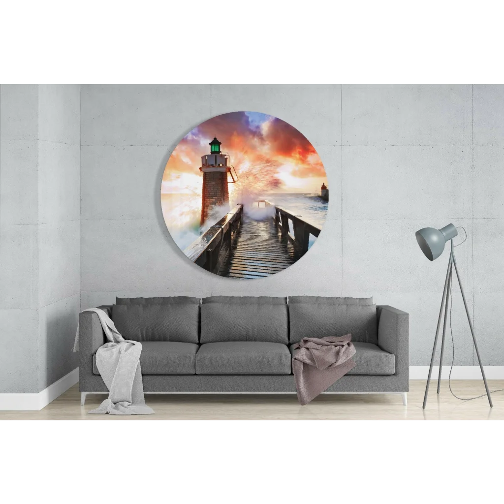 Lighthouse tempered glass art with sunset sky on gray wall