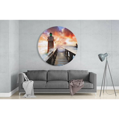 Lighthouse tempered glass art with sunset sky on gray wall