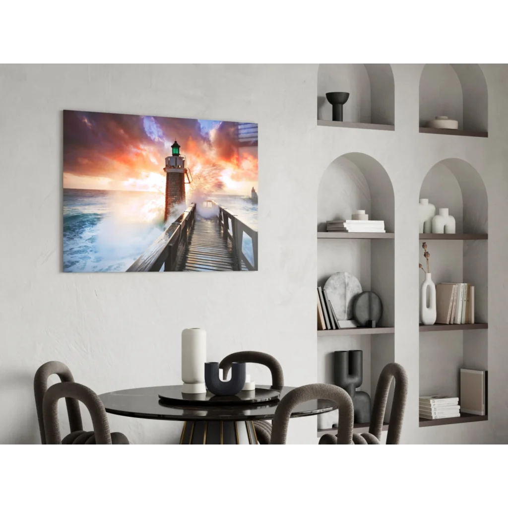 Vibrant lighthouse sunset ocean waves glass wall art canvas print on white wall