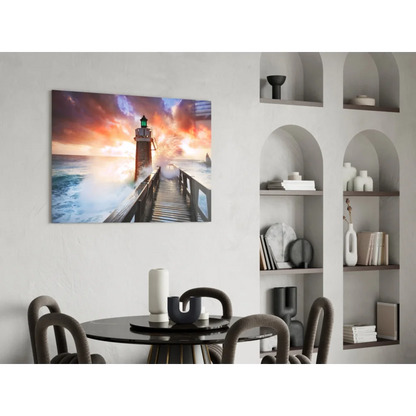 Vibrant lighthouse sunset ocean waves glass wall art canvas print on white wall