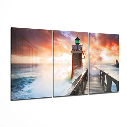 Stunning lighthouse sunset triptych canvas wall art