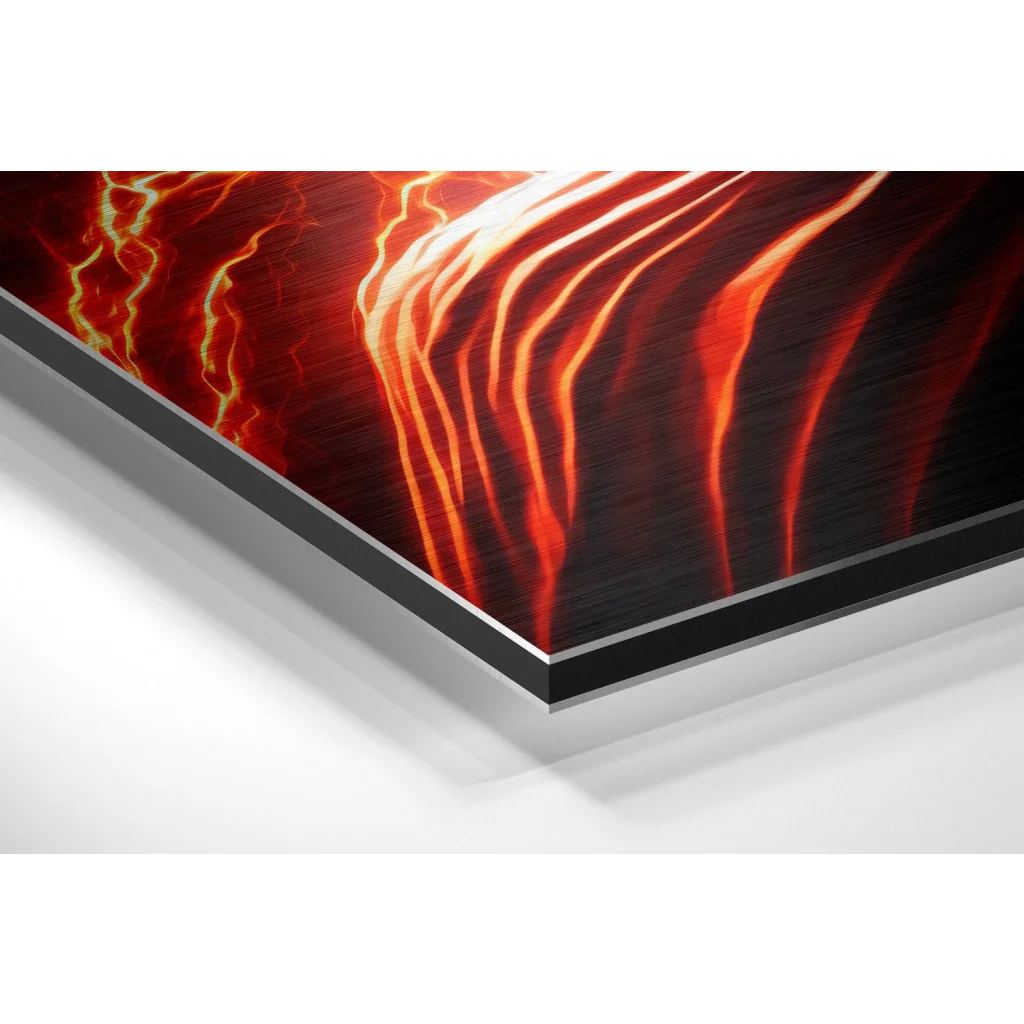 Glass Wall Art Vibrant red orange lightning on brushed aluminium dibond metal art