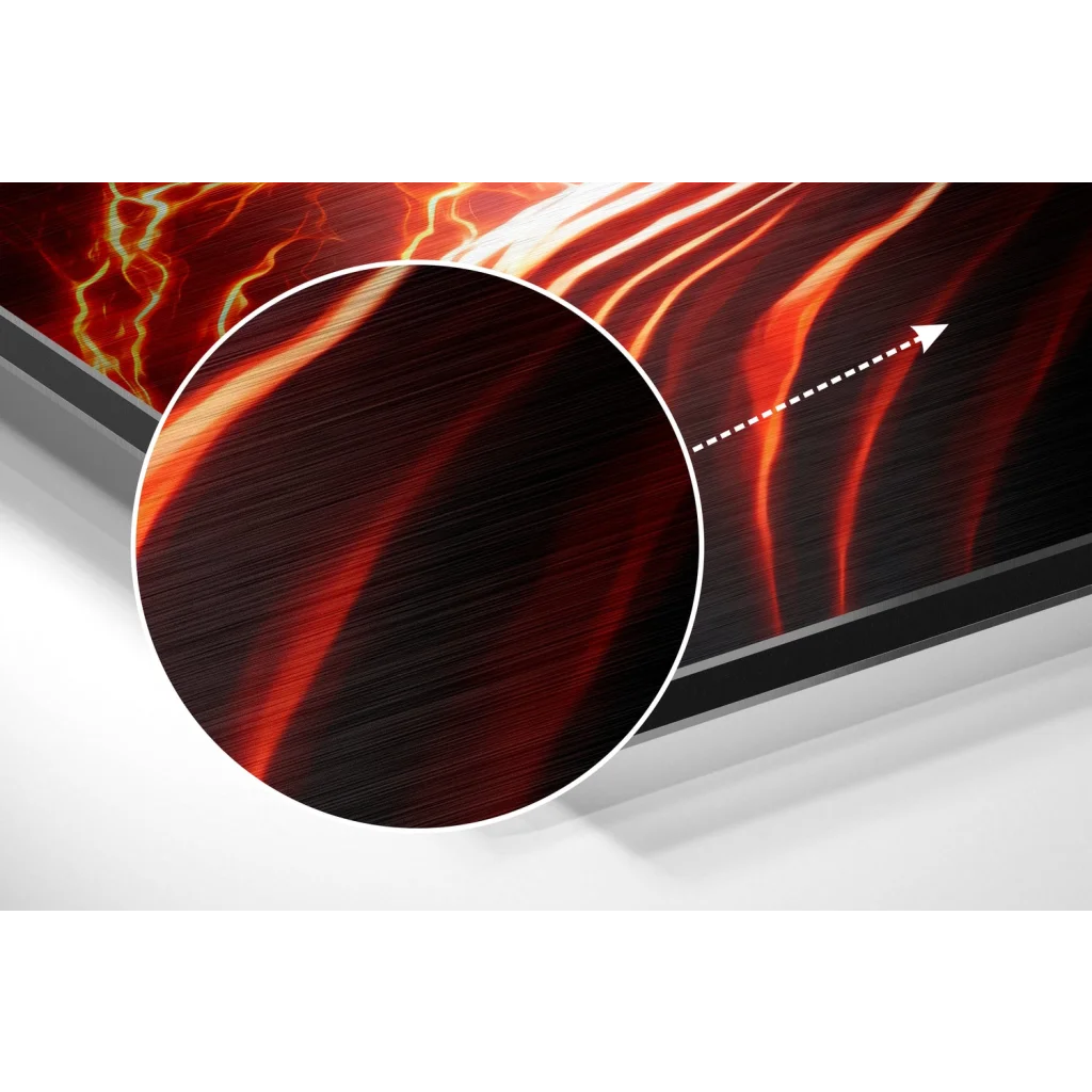 Sleek brushed aluminium dibond with red orange lightning patterns