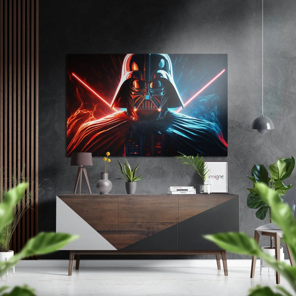 Darth Vader canvas print with red blue lightsabers on brushed aluminium dibond