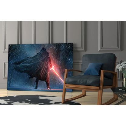 Dark Sith warrior with red lightsaber canvas wall art on stormy starry backdrop