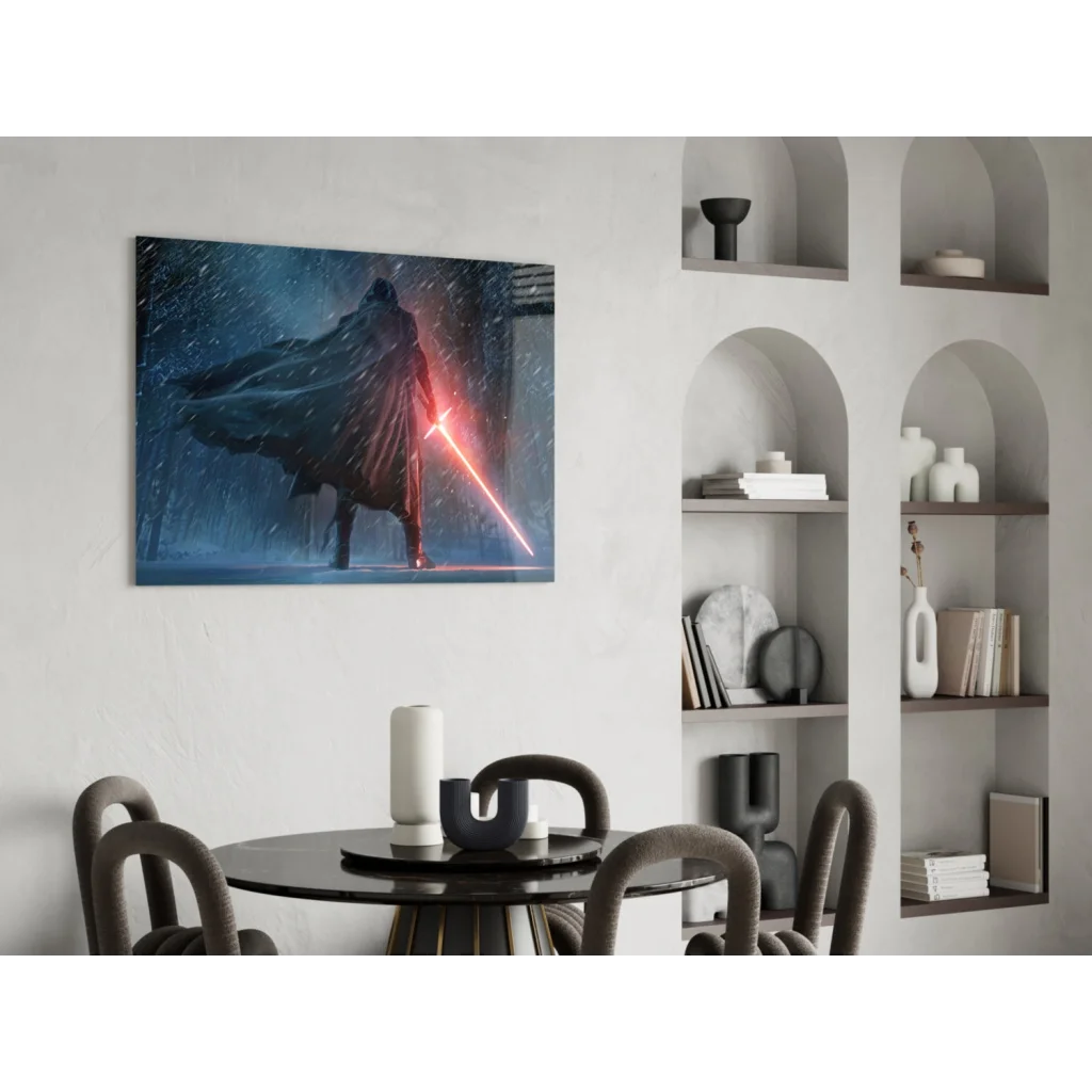 Dark Sith warrior with red lightsaber in snowy scene canvas wall art