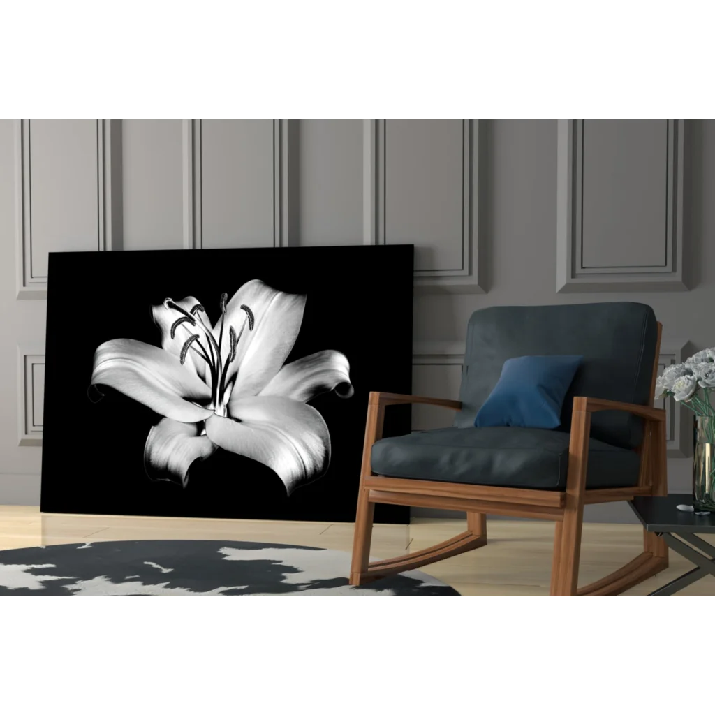 Stylized black-and-white lily canvas wall art print with dramatic lighting