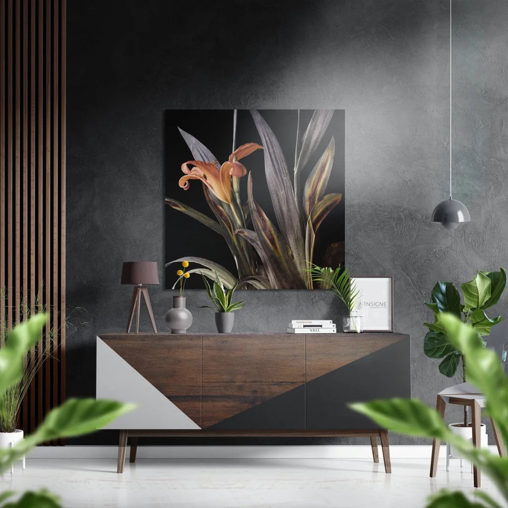 Modern black-and-white orange calla lily on brushed aluminium dibond