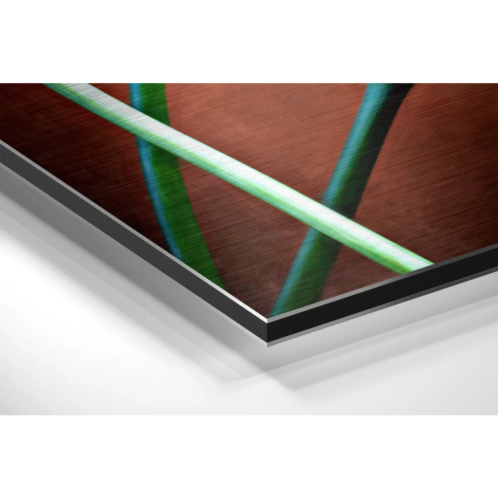 Glass Wall Art Vibrant green teal abstract lines on brown texture in brushed aluminium dibond print