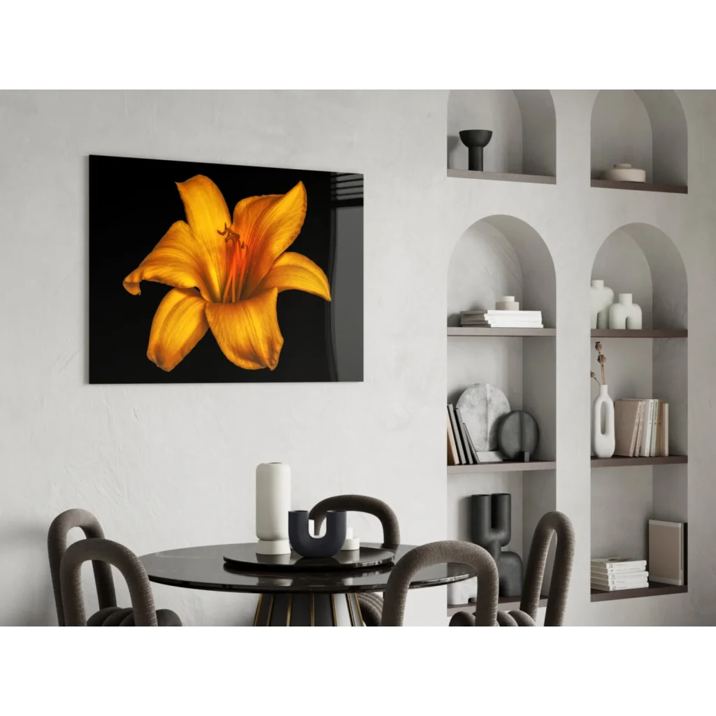Stunning yellow lily glass wall art on sleek black canvas