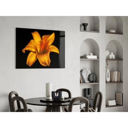Stunning yellow lily glass wall art on sleek black canvas
