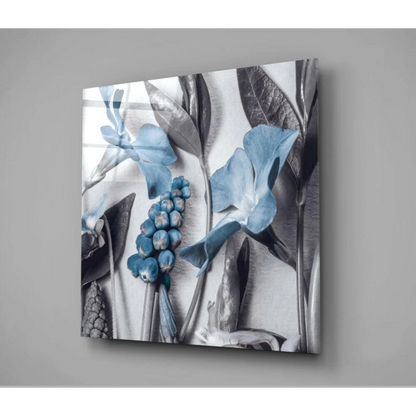 Stunning Blue Botanical Glass Wall Art Panel | Modern Wall Art Decor | vintageantiquesgifts.com