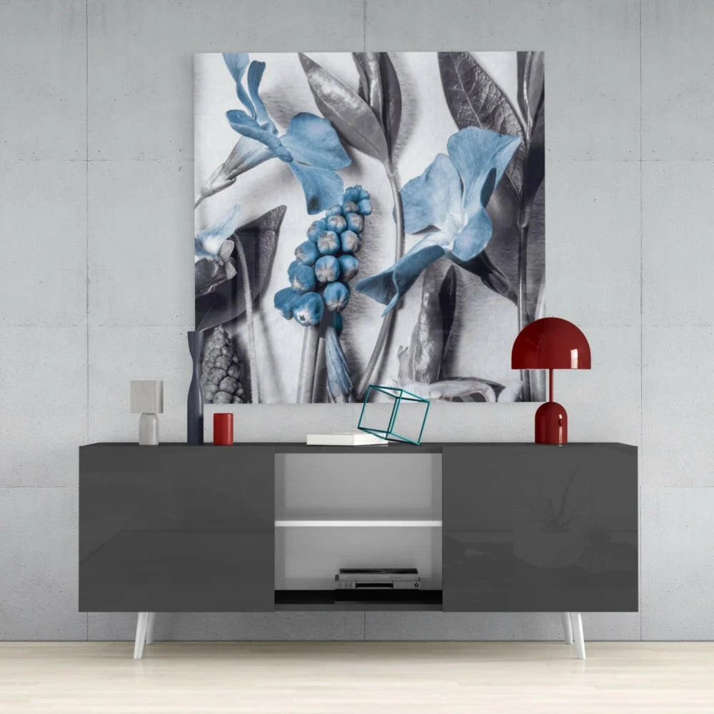 Stunning Blue Botanical Glass Wall Art Panel | Contemporary Home Wall Art | vintageantiquesgifts.com