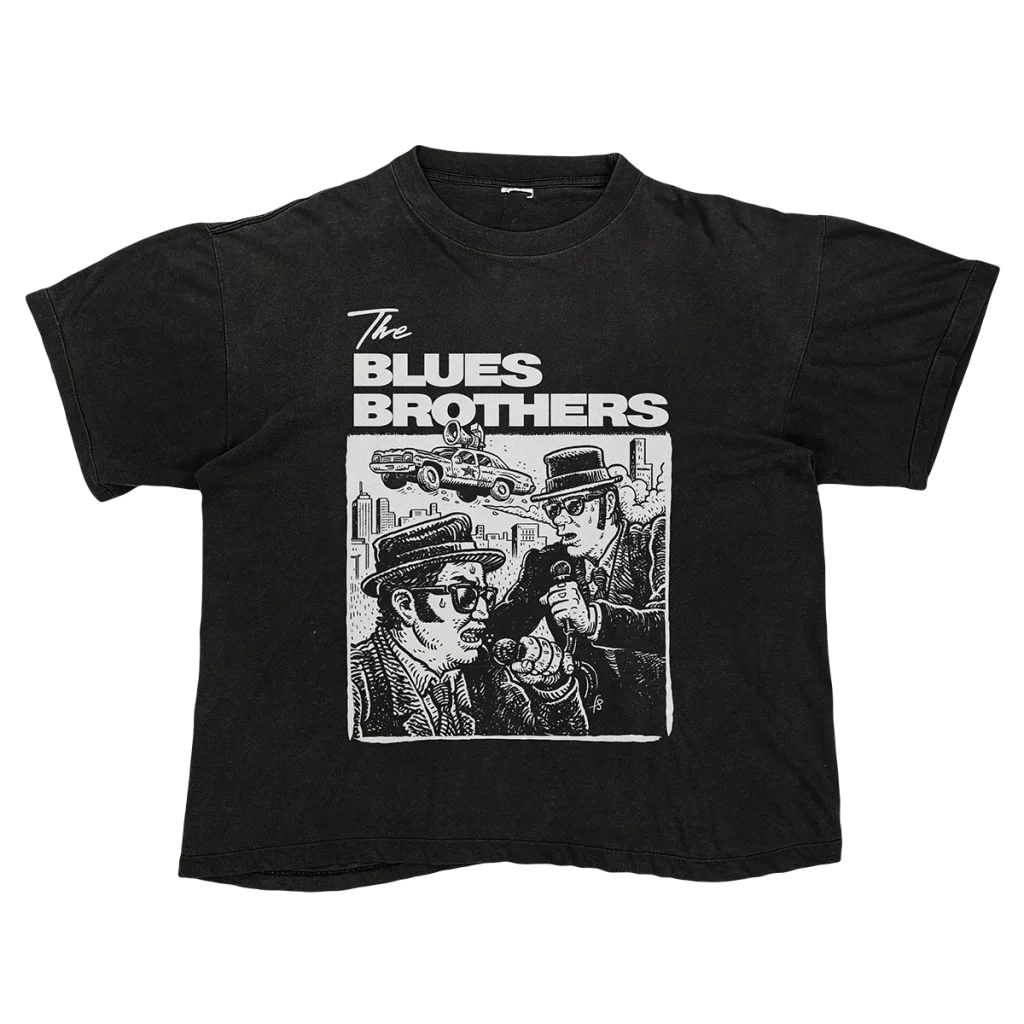 Limited edition Blues Brothers black tee with graphic of two men in fedoras and police car