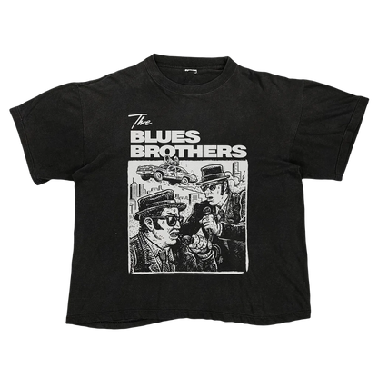Limited edition Blues Brothers black tee with graphic of two men in fedoras and police car