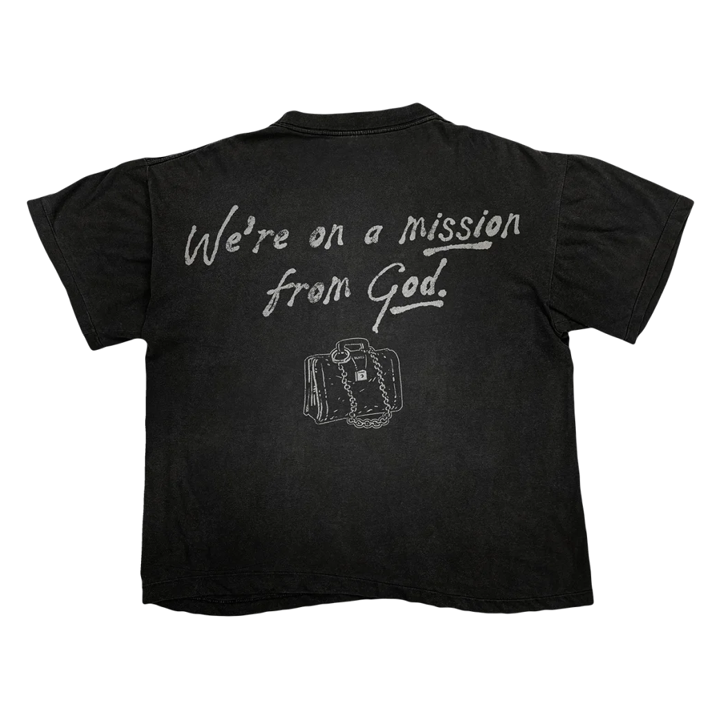 Limited edition Blues Brothers black tee with mission from God quote and briefcase graphic
