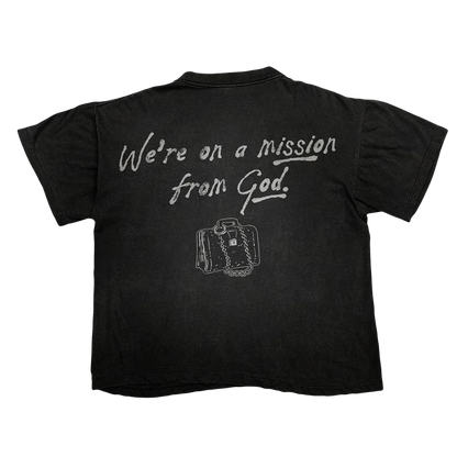 Limited edition Blues Brothers black tee with mission from God quote and briefcase graphic