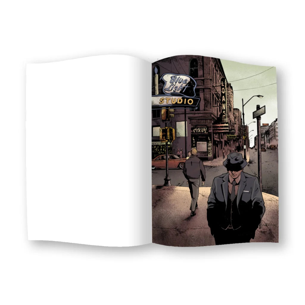 Open comic book with illustrated street scene from Limited Edition Elvis Presley art collection