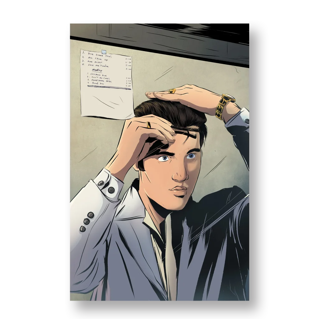 Comic-style illustration of a man combing hair in mirror from Limited Edition Elvis Presley super deluxe collection