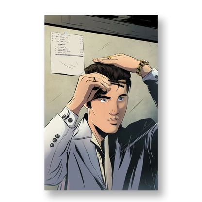Comic-style illustration of a man combing hair in mirror from Limited Edition Elvis Presley super deluxe collection