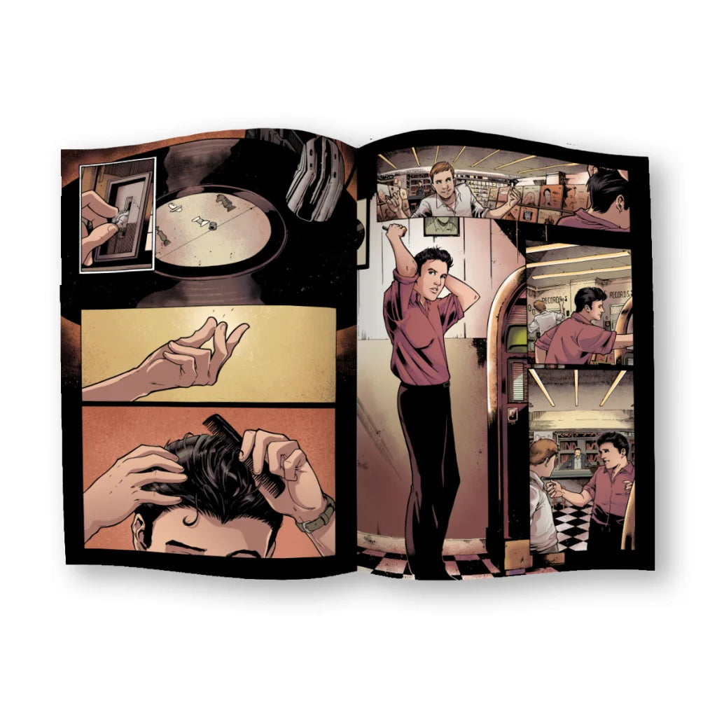 Open comic book from Limited Edition Elvis Presley Super Deluxe Collection showing a guy styling his hair near a jukebox