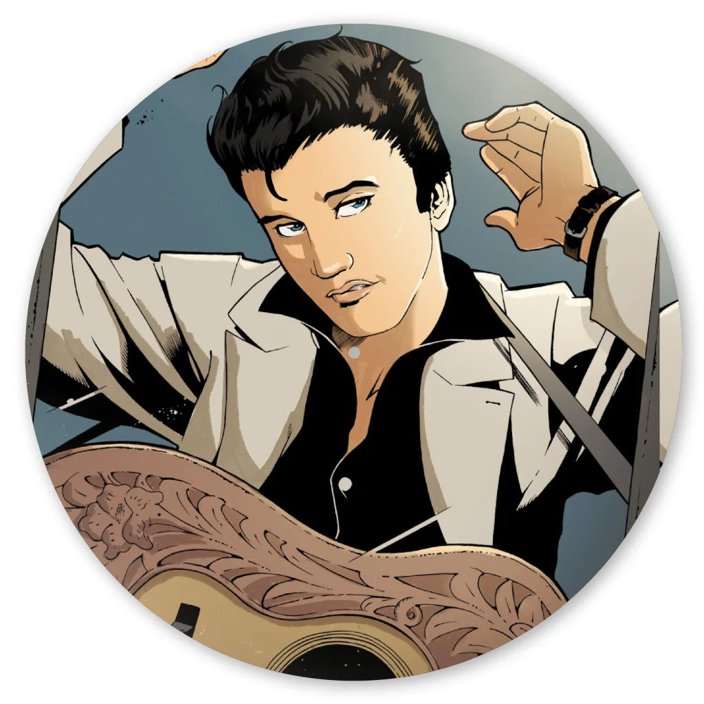 Comic-style illustration of Elvis Presley holding a guitar from the limited edition super deluxe collection