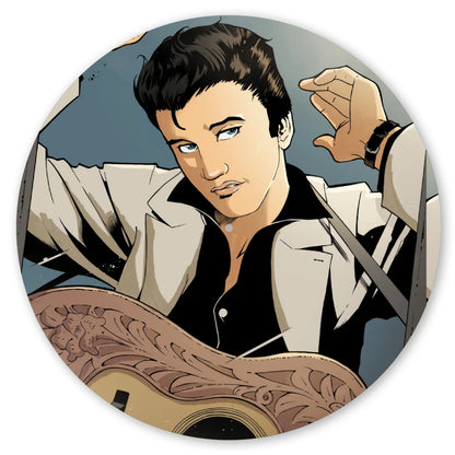 Comic-style illustration of Elvis Presley holding a guitar from the limited edition super deluxe collection