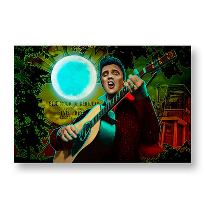 Vibrant poster of Elvis Presley playing guitar under a blue moon in limited edition super deluxe collection
