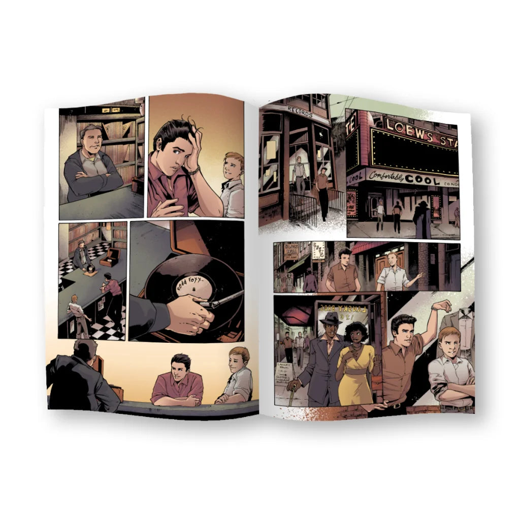 Open comic book with colorful illustrations from Limited Edition Elvis Presley Super Deluxe Collection