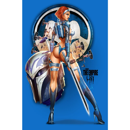 Blue silver armored warrior in helmet terrorist cosplay metal comic poster