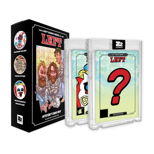 Black mystery trading card box with collectible cards from The Last Comic Book of the Left