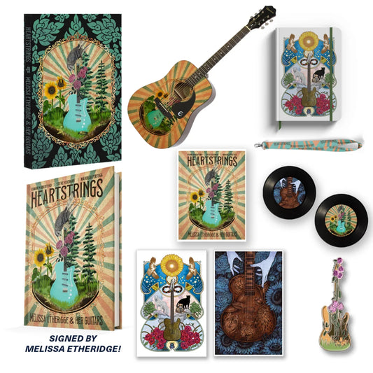 Melissa Etheridge Heartstrings merchandise featuring cover art on a limited edition acoustic guitar