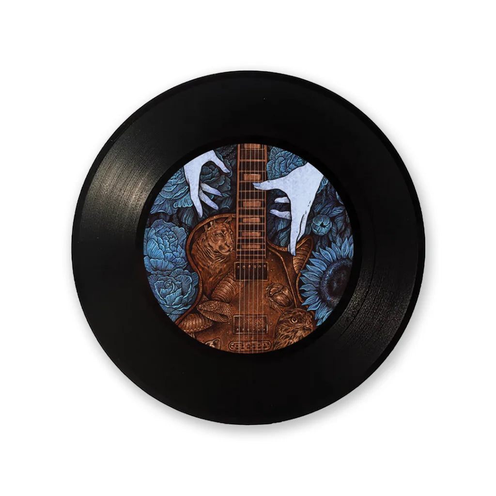 Black vinyl record with colorful Melissa Etheridge cover art featuring guitar and blue flowers