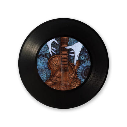 Black vinyl record with colorful Melissa Etheridge cover art featuring guitar and blue flowers