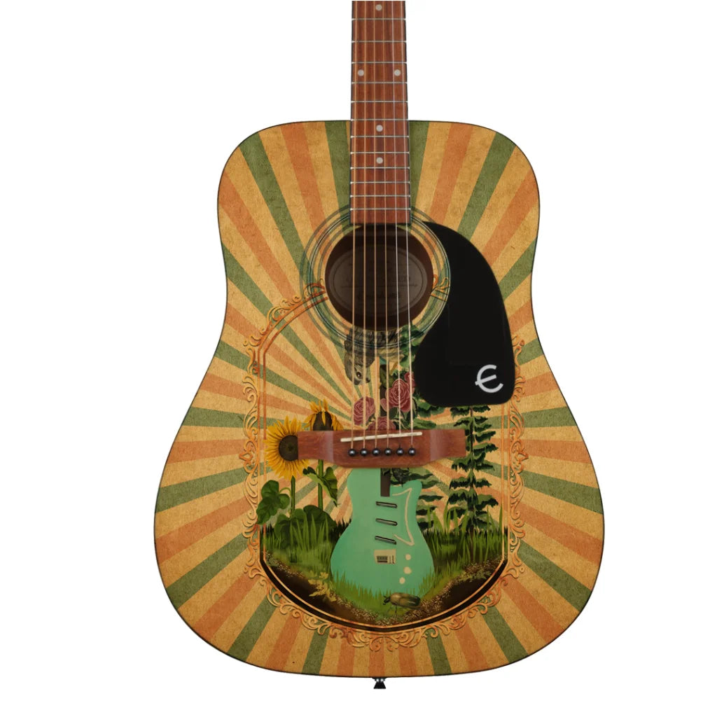 Acoustic guitar with sunburst green and orange stripes, sunflower art, Melissa Etheridge cover art