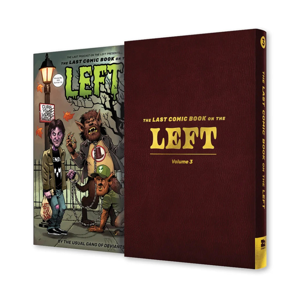 Two volumes of The Last Comic Book on the Left with colorful and dark red covers, signed by Henry Zebrowski and Marcus Parks