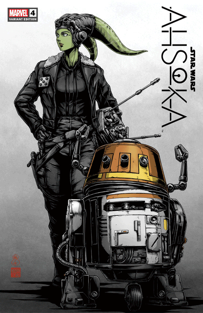 Limited edition Star Wars Ahsoka #4 comic cover with green-skinned warrior and R2D2