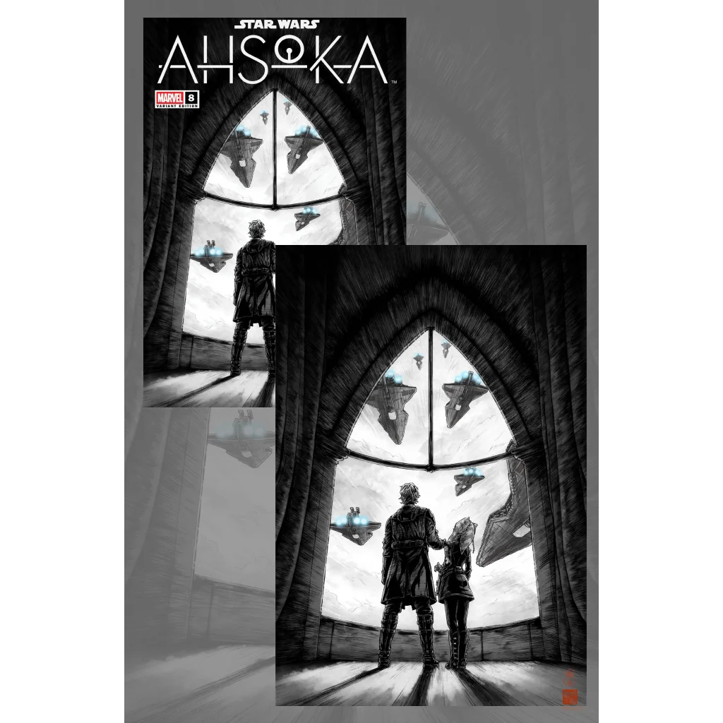 Limited edition Star Wars gothic comic cover with black and white triptych scenes of characters by large windows and futuristic spaceships