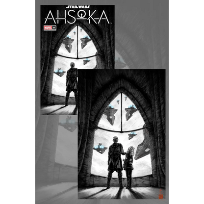 Limited edition Star Wars gothic comic cover with black and white triptych scenes of characters by large windows and futuristic spaceships