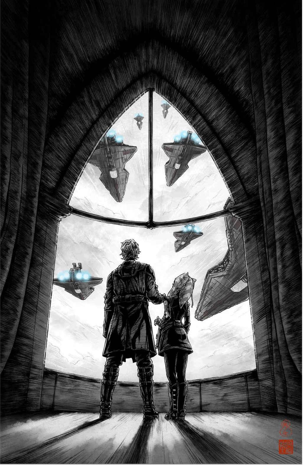 Black and white gothic cathedral window with flying saucers limited edition Star Wars comic cover issue 8