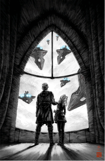 Black and white gothic cathedral window with flying saucers limited edition Star Wars comic cover issue 8