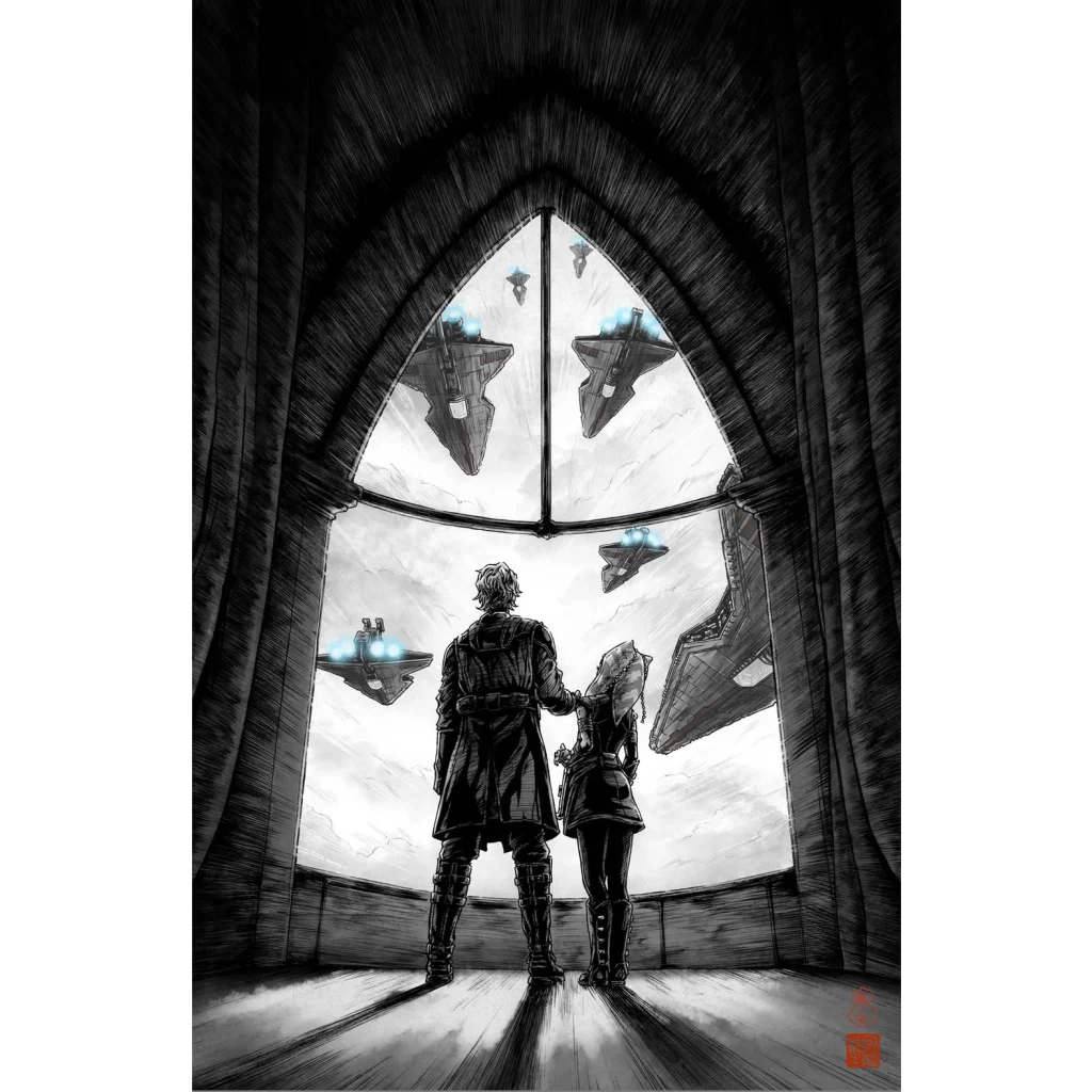 Black and white gothic cathedral window with Star Wars spaceships, limited edition comic cover issue 8