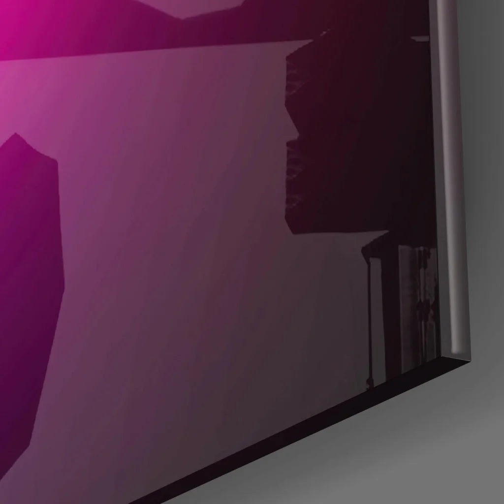 Bold magenta geometric glass wall art in black abstract frame