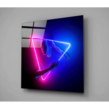 Glowing pink blue neon triangle glass wall art with mirrored reflection