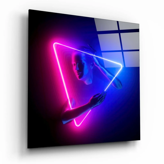Neon pink and blue triangular glowing lights on glass wall art canvas