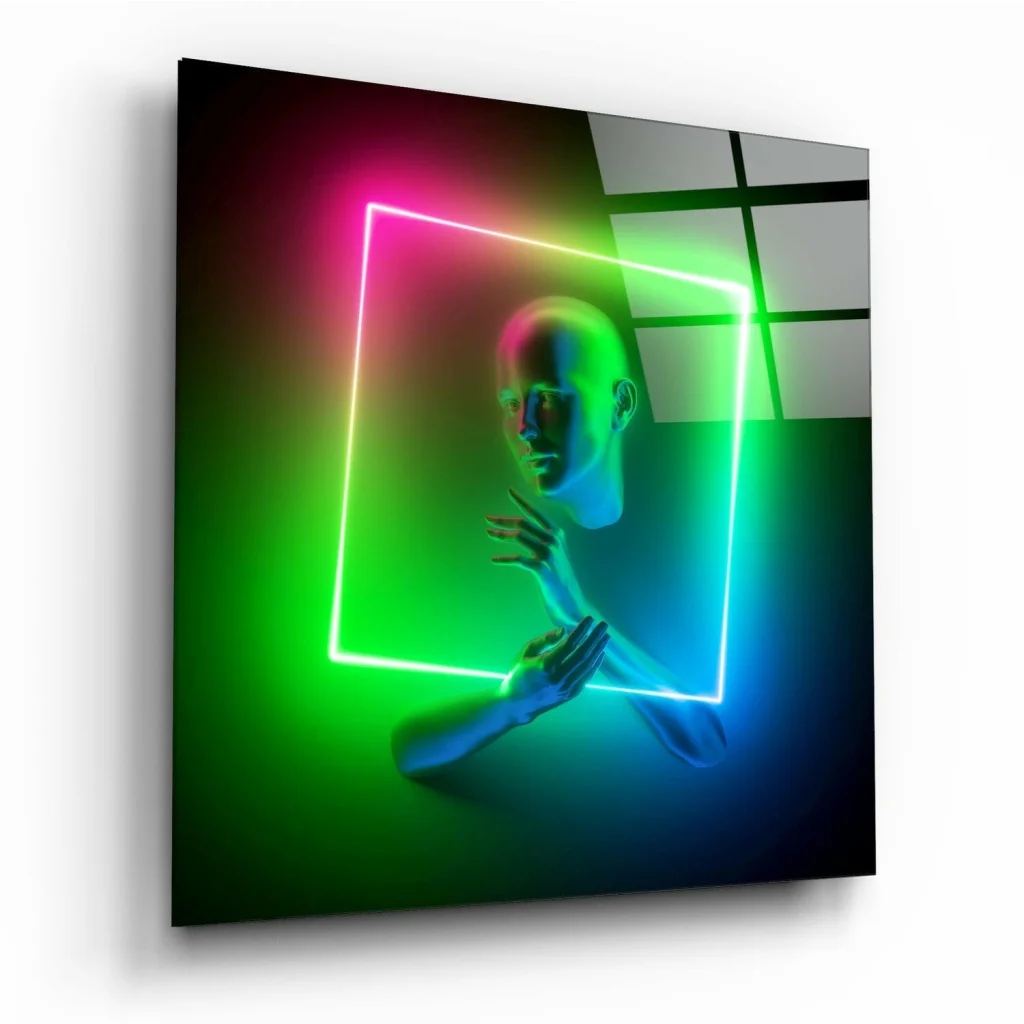 Neon Glow Abstract Glass Wall Art With Bold Geometric Figures | Insigneart USA | vintageantiquesgifts.com