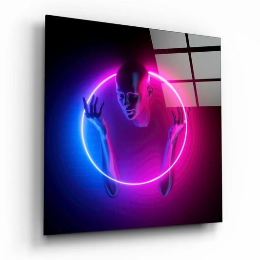 Neon Glow Abstract Glass Wall Art with Magenta Geometric Shapes | Insigneart USA | vintageantiquesgifts.com