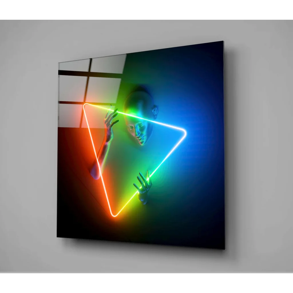 Neon Rainbow Triangle Glass Wall Art With Glowing Hands | Glass Wall Art Print | vintageantiquesgifts.com